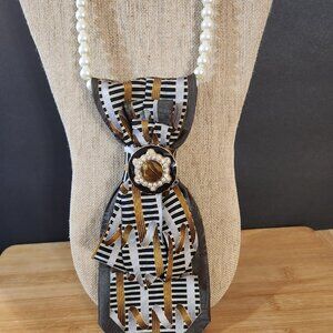 Hand Crafted Necktie Necklace with Vintage Brooch and Pearl Necklace Brown Green